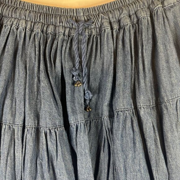 Vintage Access Blue Tiered Skirt Drawstring Elastic Waist L Double Denim Cotton - Picture 7 of 7